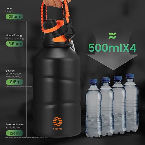 Fjbottle Gym Thermal Water Bottle 1900 ml – Leakless – Sports Bottle with Magnetic Cap, BPA-Free Stainless Steel Water Bottles for Sports, Camping, Yoga