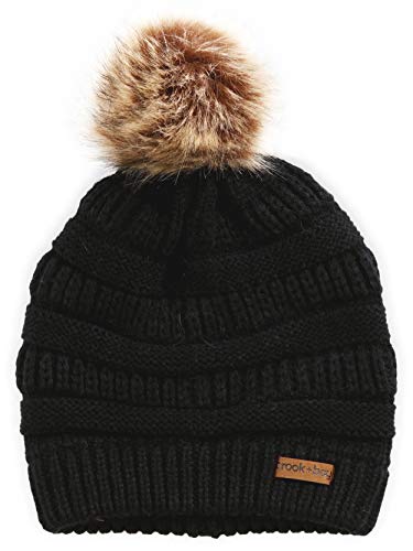 Brook + Bay Faux Fur Pom Pom Beanie for Women - Warm & Cute Cable Knit Winter Hats - Thick, Chunky & Soft Stretch Knitted Caps for Cold Weather - Stylish & Trendy Snow Beanies for Ladies