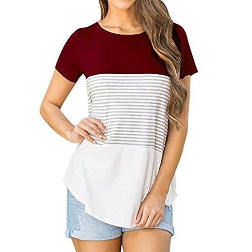 ManxiVoo Short Sleeve T-Shirt Women Loose Triple Color Block Stripe Cotton Blouse Casual O-Neck Tops (L, Wine Red)