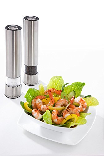 COLE & MASON Hampstead Electric Salt Grinder with LED Light - Electronic Battery Operated Mill, Stainless Steel