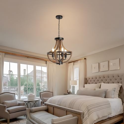 SEEBLEN Farmhouse Chandelier,Vintage 4-Light Hanging Pendant Light Height Adjustable,Rustic Metal Ceiling Light in Faux Wood Grain Color for Dining Room Kitchen Foyer Hallway Entryway Bedroom Closet.