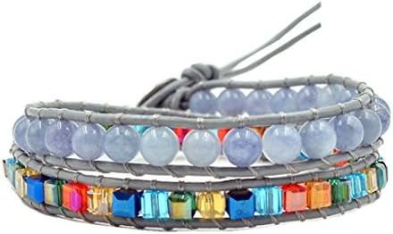Double Leather Wrap Bracelet Square Crystal Beads and Mix Color Natural India Agate Handmade with Care Adjustable 13.5" (Five)