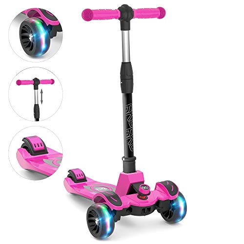 6KU Kids Kick Scooter with Adjustable Height, Lean to Steer, Flashing Wheels for Children 3-8 Years Old Pink (Renewed)
