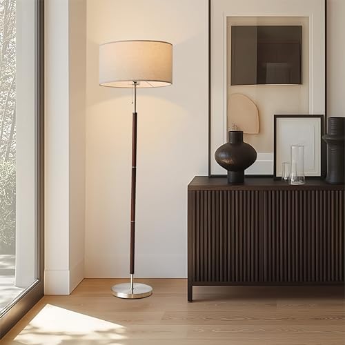 Brightech Carter LED Floor Lamp, Drum Shade with Walnut Wood Finish, Great Living Room Décor, Mid-Century Light for Living Rooms & Offices, Mid Century Modern Lamp for Bedroom