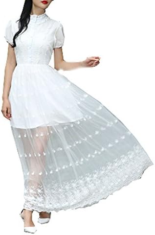DAPENE Women's Summer Sheert Vintage High Neck Short Sleeve Maxi Dress