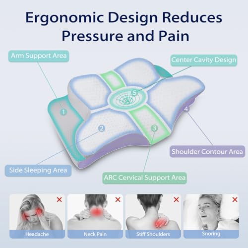 HOMCA Cervical Memory Foam Pillow, Ergonomic Pillow with Support for Neck and Shoulder, Pillows for Side and Back Sleeping, Grey