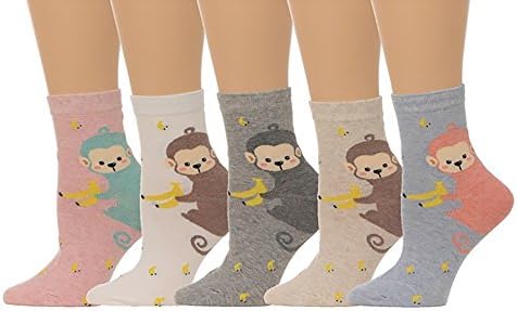 Women's Monkey Banana Print Crew Socks - (5 pair set) (One Size(5-8), multi)