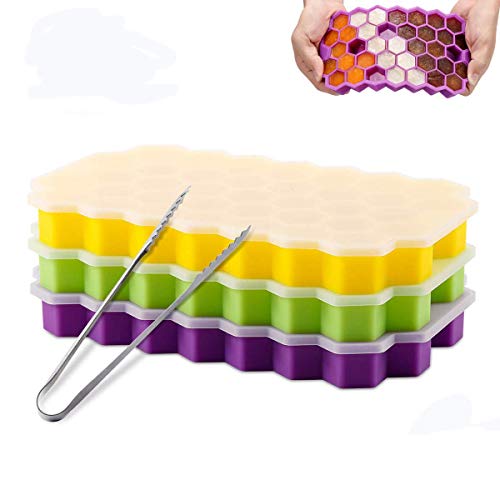 3 Pack Ice Cube Trays, Silicone Honeycomb Shape Ice Cube Molds wih Lids Make 111 Ice Cube for Whiskey, Cocktail, Stackable Flexible, BPA Free (Purple+Yellow+Green) - Thumbnail 7