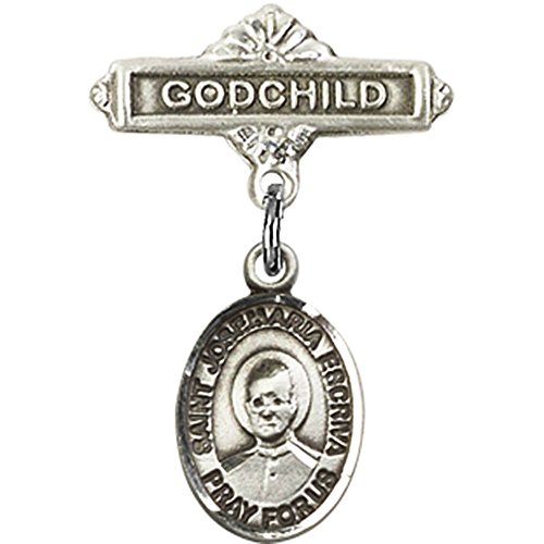 Sterling Silver Baby Badge with St. Josemaria Escriva Charm and Godchild Badge Pin 1 X 5/8 inches