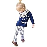 SagtonToddler Baby Girl Clothes Set Letter Print T-shirt Tops+Stripe Long Pants