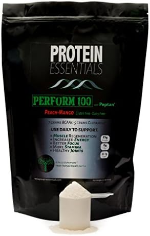 Hydrolyzed Collagen Sports Performance Powder, Perform 100 by Protein Essentials w Premium Peptan Peptides Hydrolysate 25g Protein and 7g BCAA, Non Dairy Paleo Friendly (Peach Mango)