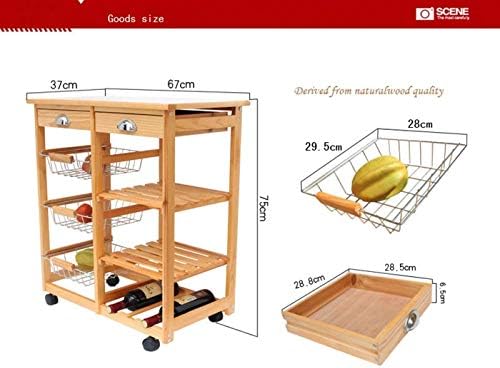 Kitchen cart with dimensions, drawer, rack, wheels, and basket, priced at $79.99.