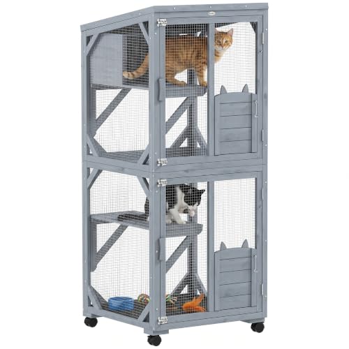 PawHut Catio Outdoor Cat Enclosure, Wooden Cat House on Exercise Wheels Indoor Outdoor, Kitty Cage with Resting Box, Waterproof Roof, for 2 Cats, 25.6" x 25.6" x 63", Dark Grey
