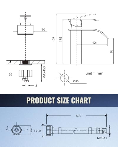 iVIGA Bathroom Faucet 175mm Low Noise Basin Faucet Stainless Steel Waterfall Mixer Tap with Hot and Cold Water Hoses Gold