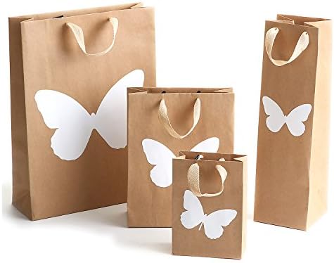 Butterfly Gift Bags (Pack of 12) Assorted Sized Brown Kraft Paper with Burlap Handle for Gift-Giving, Merchandise Shopping, Retails,Grocery, Party, Flowers