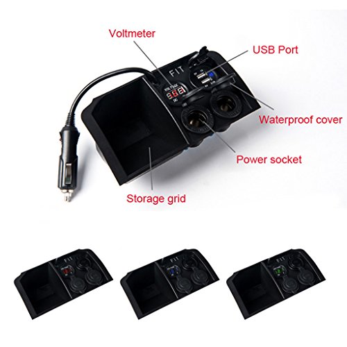 Qisuw Waterproof Dual USB Port Car Motorcycle 2 Way Cigarette Lighter Socket Charger LED Digital Display Voltmeter 12V