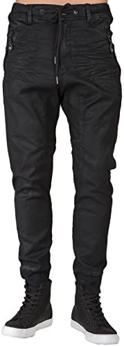 Level 7 Men's Premium Knit Denim Jogger Jeans Drop Crotch Black Coated Whisker