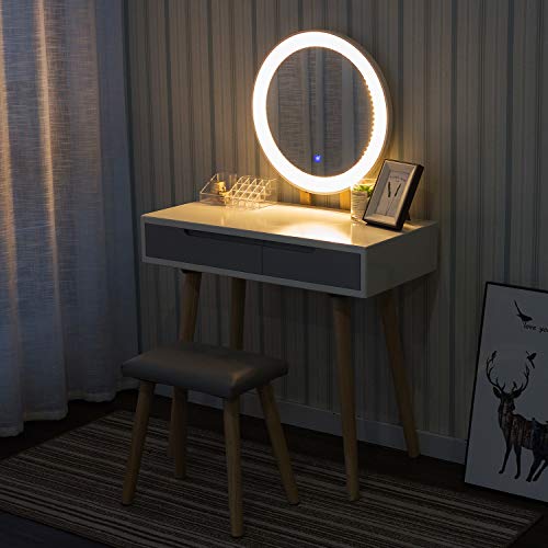 ARTETHYS White Dressing Table with LED Light Adjustanble Brightness Mirror Makeup Table Stool