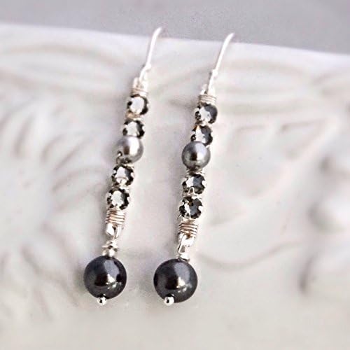 Black Grey Crystal Pearl Sterling Slver Bar Drop Earrings Swarovski Elements Women's Fashion Jewelry