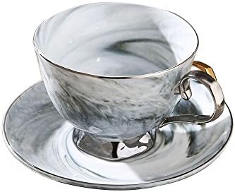 XDOBO Ceramic Tea Cup and Saucer Set,2-Piece Tea Set,marble pattern and gold/silver border, Art Style Coffee Mugs Set, 10-ounce procelain tea/coffee cup, best gift,Gray (Silver border)