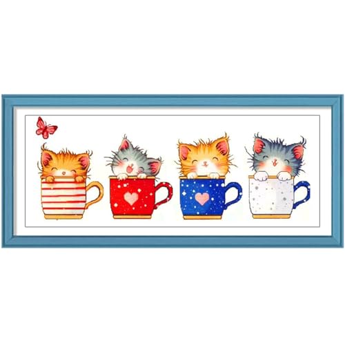 Zhenqing Teacup Cats Stamped Cross Stitch Kit - 11CT 17x37cm 4 Cats in Cups Design, Pre-Printed Colorful Pattern for Beginners (66963)