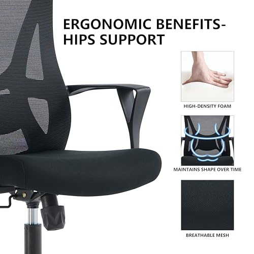 VOFFOV Ergonomic Office Chair with Fixed Wide Headrest, High-Back Mesh Desk Chair with Lumbar Support and Armrests, Swivel Computer Chair for Home Office (Black Headrest)