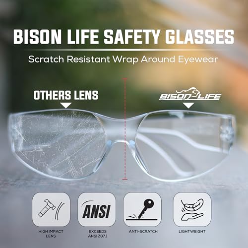 BISON LIFE Clear Safety Glasses – ANSI Z87.1 Certified Scratch & Impact Resistant Eye Protection Goggles for Men & Women