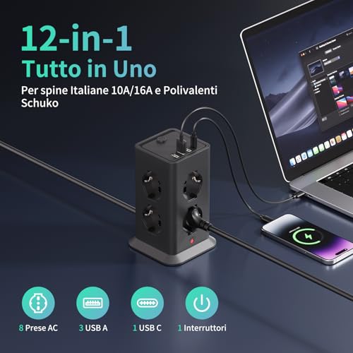2 M Power Strip with 8 Universal Sockets 10/16A ITA and Schuko and 3 USB A+1 USB C Overvoltage Protection with 1 Switches for Office, Home, 3680 W Electrical Extension Socket, Black | 8 10A/16A AC Prese Multipla, Protezione Sovratensione Prolunga Elettrica,1 Interruttori Torretta Scarpetta Verticale 3680W