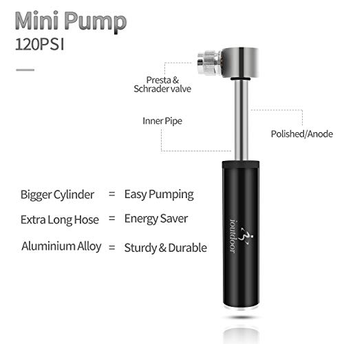 ioutdoor - Mini Pompa Portatile per Bicicletta, 120PSI, Pompa a Mano con Aghi a Sfera, Supporto per Telaio e Tubo di Prolunga per Bici da Corsa, Mountain Bike, Calcio, Basket (Nero)