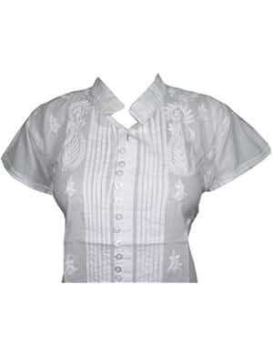 Women's White Tunic Tops Floral cap sleeves Hand Embroidered Cotton Large