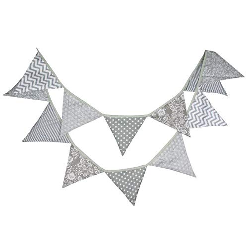 G2PLUS Double Sided Fabric Bunting Banner -12PCS Grey Fabric Bunting Nursery - 3.3M Cotton Triangle Pennants for Decorating Boys Bedroom Birthday Parties