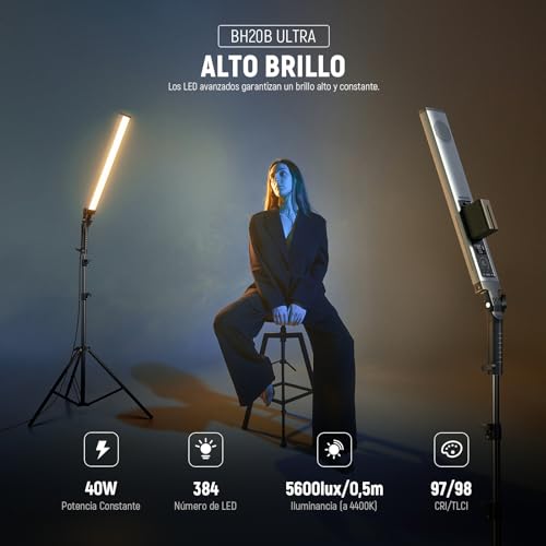 Neewer Kit de luz LED de Mano de 2.4 G, Mejorado 40 W Regulable 3200K-5600 K CRI97 con Soportes/filtros/Bolsa de Transporte para fotografía de Juegos, Youtube TikTok, grabación de Video BH20B Ultra