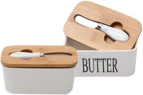 Ceramic Butter Dish With Bamboo Lid, 6 Inch Butter Keeper Container With Butter Knife Food Storage Candy Box Baking Dish.