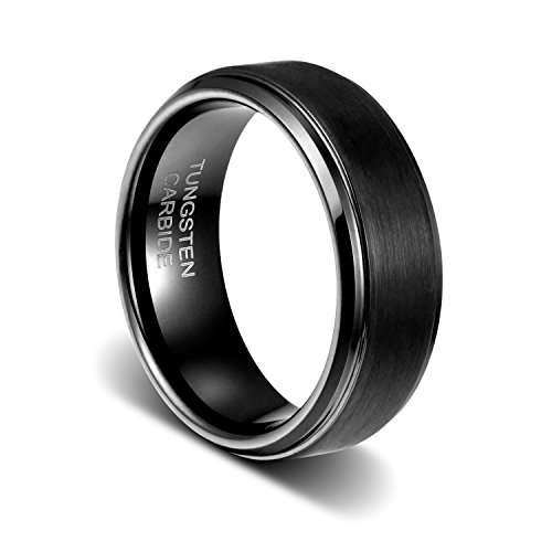 TUSEN JEWELRY 8mm Black PVD Coated Tungsten Ring Step Edges Mens Wedding Band Size:8