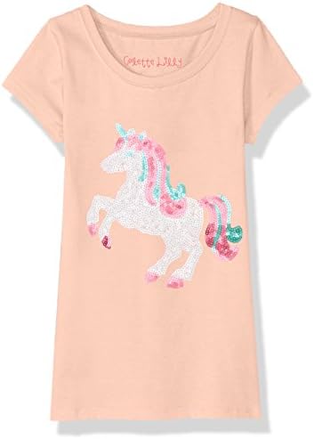 Colette Lilly Little Girls' Short Sleee Sequin Tee, Peach Unicorn, 4