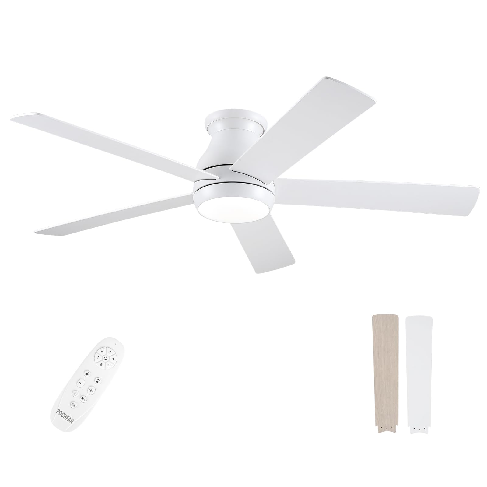 Photo 1 of POCHFAN 52 Inch White Ceiling Fans with Lights and Remote, LED Low Profile Flush Mount Ceiling Fan for Bedroom, Living Room with Quiet DC Motor, Dimmable 6 Speeds