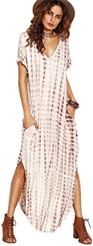 Women's Maxi Dress Short Sleeve V Neck Loose Casual Side Split Long Beach Dress Tie Dye Print Boho Fitted Party Basic Pocketed Maxi Dress with Slits Plus Size for Women with Sleeves Pockets for Girls