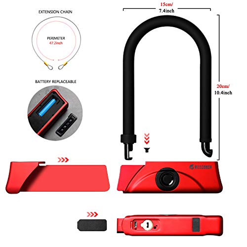 BILLCONCH Fingerprint U Bike Lock,Waterproof Bike U-Lock with Cable, Duty U-Lock for Road Bike Mountain Bike Electric Bike Folding Bike, USB Charging (Red)