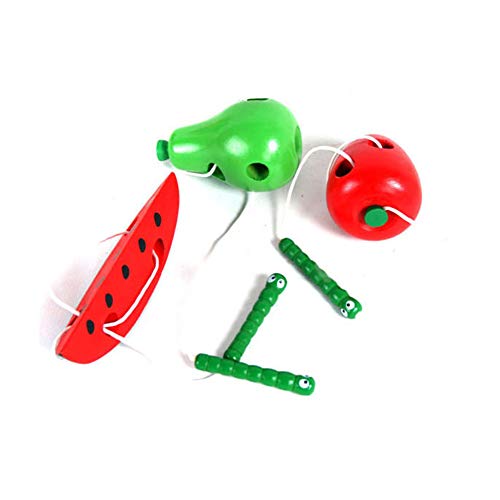 HsgbvictS Toys for All Ages Lovely Wooden Apple Pear Watermelon Worm Eat Fruit Baby Kids Threading Toy - Apple