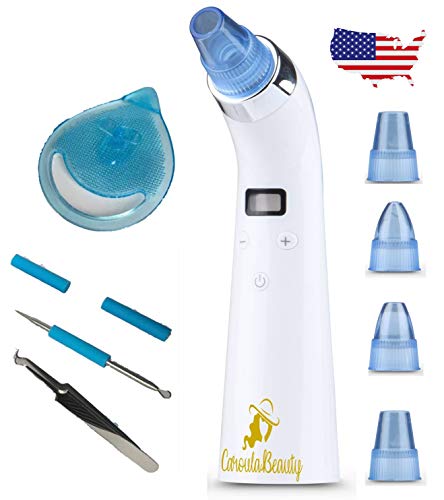 Blackhead Remover Vacuum Pore/Acne Cleaner Comedo Suction, LED display, USB rechargable with Bonus Blackhead Tweezer Set and Silicone Face Brush
