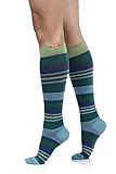 Vim & VIGR Women's 15-20 mmHg Compression Socks: Fun Stripes - Aqua & Green (Cotton) (Wide Calf)