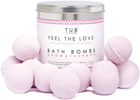 'Feel the Love' Aromatherapy Bath Bombs x 12. RRP £24.99 Pure essential oils, Epsom Salts, Sweet Almond Oil. Vegan friendly, no stain. Handmade in England by TUB - The Ultimate Bath