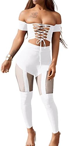 Lyheller Women's Sexy Criss Cross High Waist Bandage 2PCS Clubwear Party Jumpsuit (Large, White)