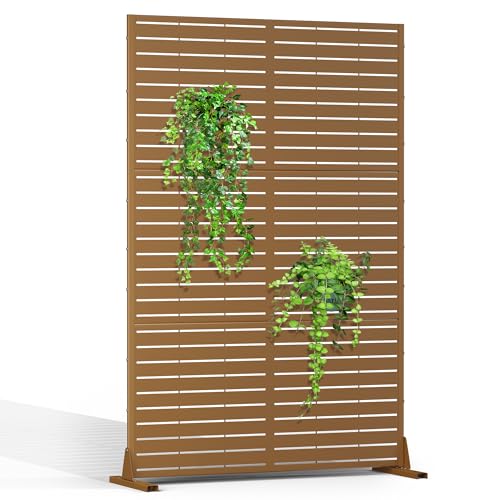 Photo 1 of Outdoor Privacy Screen Metal Privacy Screen 72" H×47" W Freestanding Metal Privacy Screen for Patio Deck Yard, Decorative Privacy Screen Privacy Fence Panels for Outside (Louvered Pattern-Brown)