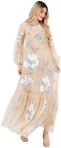 Anaya With Love Abito Midaxi Donna Manica Lunga – Scollo A V Finto Avvolgente Con Paillettes Floreali – Taglie Forti Disponibili