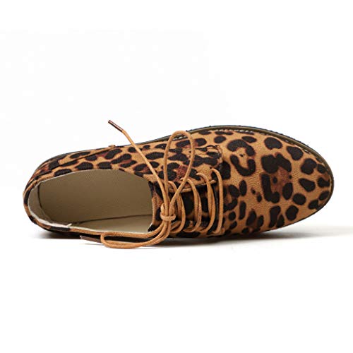 Hunzed Women【Suede Leopard Lace-Up Shoes】Women Oxford Flats Closed Round Toe Slip On Low Heel Platform (6 M US, Brown) - Thumbnail 3