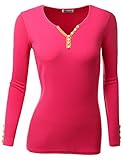 Doublju Women Long Sleeve Trim Color Point Henley Neck T-Shirts