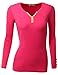 Doublju Women Long Sleeve Trim Color Point Henley Neck T-Shirts