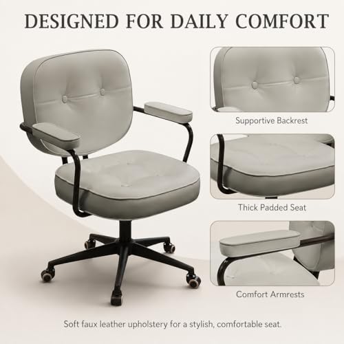 Retro Office Swivel Chair, Height Adjustable Faux Leather Desk Chair with Backrest, Padded Armrests, Tufted Cushion and Rolling Wheels for Home Office, Study Room, Bedroom, Khaki