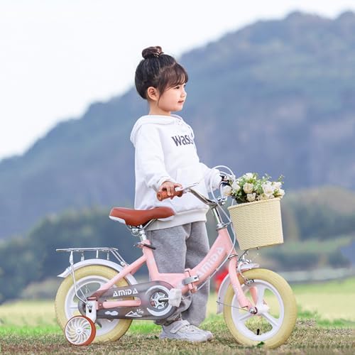 AM ANNA Girls Bike with Basket for 3-12 Years Old Kids, 12 14 16 18 Inch Bicycle with Training Wheels, Basket, Adjustable Seat & Handlebar, Hand & Coaster Brakes, Bell for Girl Boy (Pink, 12'')